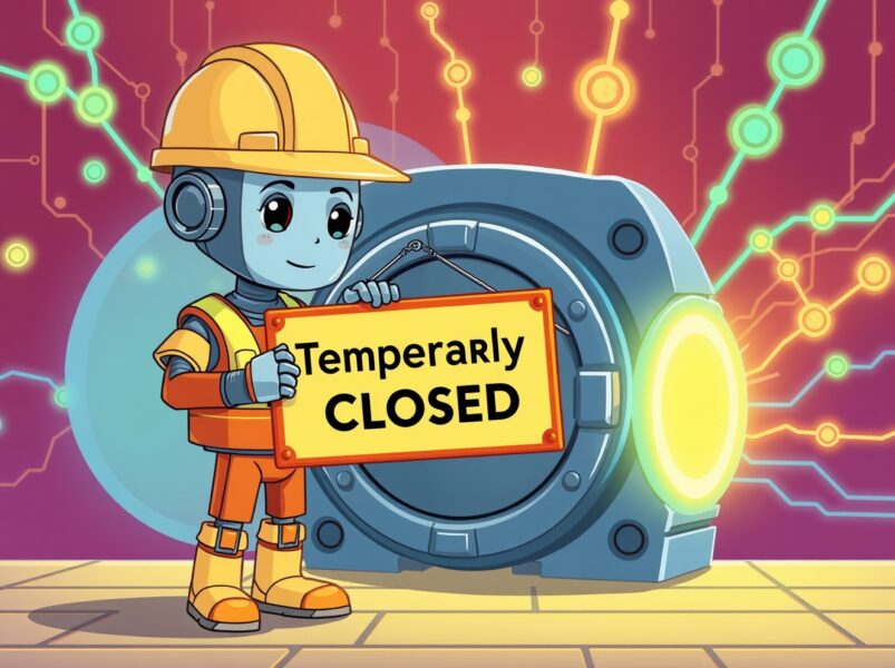 A cartoon robot pausing EGLD deposits and withdrawals for a network upgrade on a digital vault.