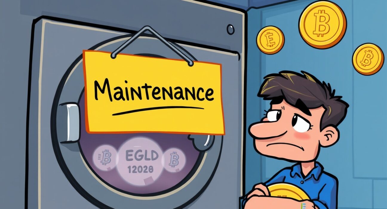 Illustration of a temporary halt in crypto transactions, emphasizing the Bithumb EGLD suspension for a network upgrade.