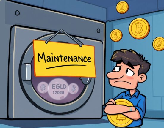 Illustration of a temporary halt in crypto transactions, emphasizing the Bithumb EGLD suspension for a network upgrade.