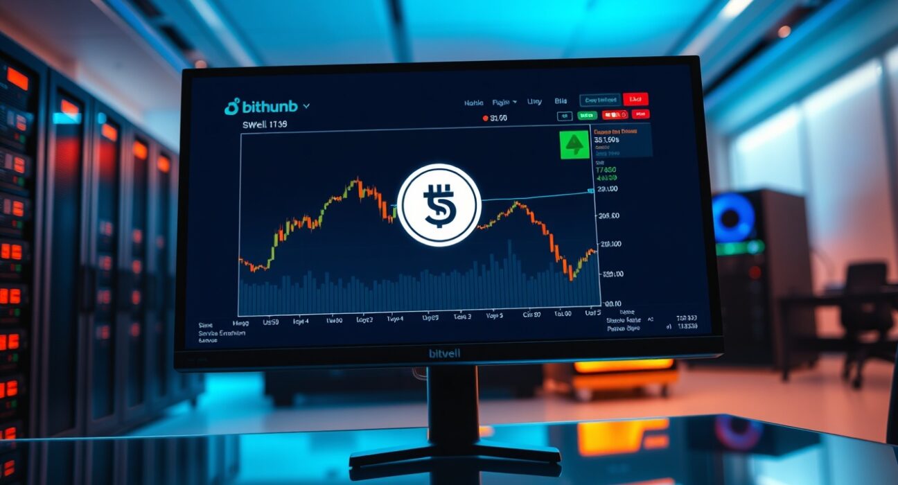Bithumb trading interface showing SWELL token with downward trend in a professional office setting
