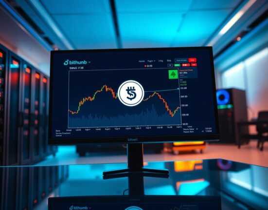 Bithumb trading interface showing SWELL token with downward trend in a professional office setting