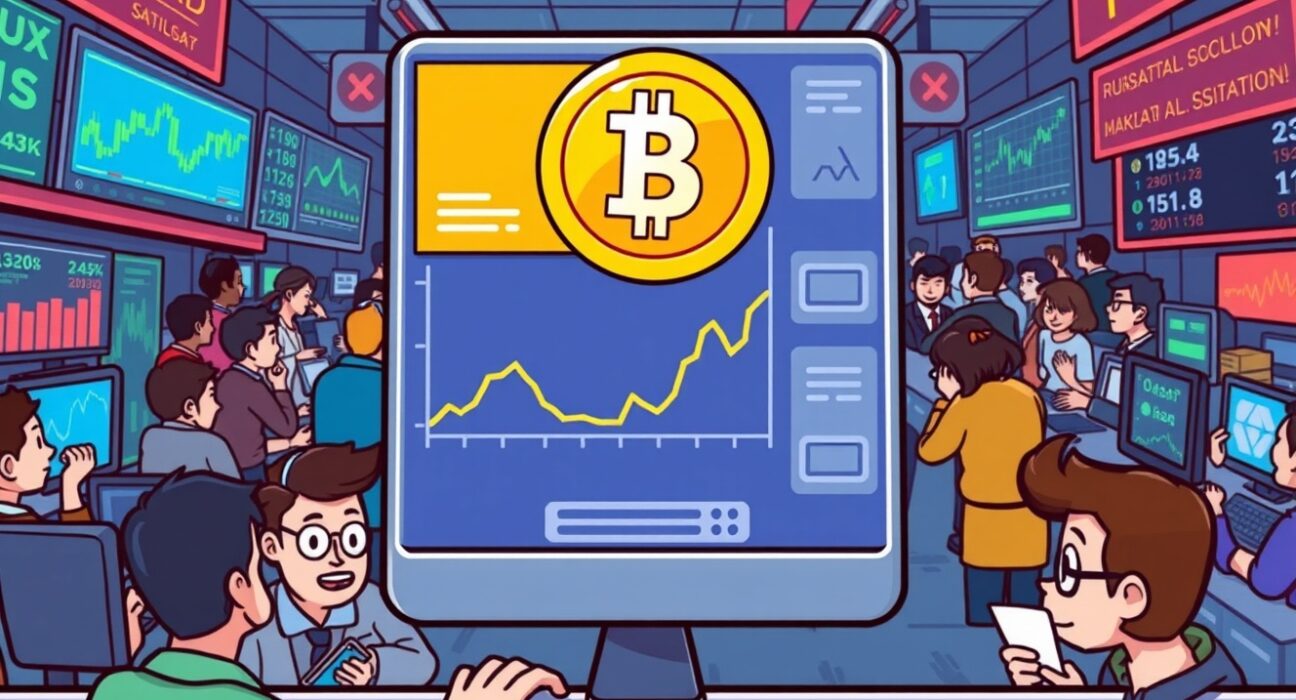 Cartoon illustration of a cryptocurrency exchange showing the new Bithumb ENSO listing, representing a new trading opportunity.