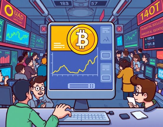 Cartoon illustration of a cryptocurrency exchange showing the new Bithumb ENSO listing, representing a new trading opportunity.