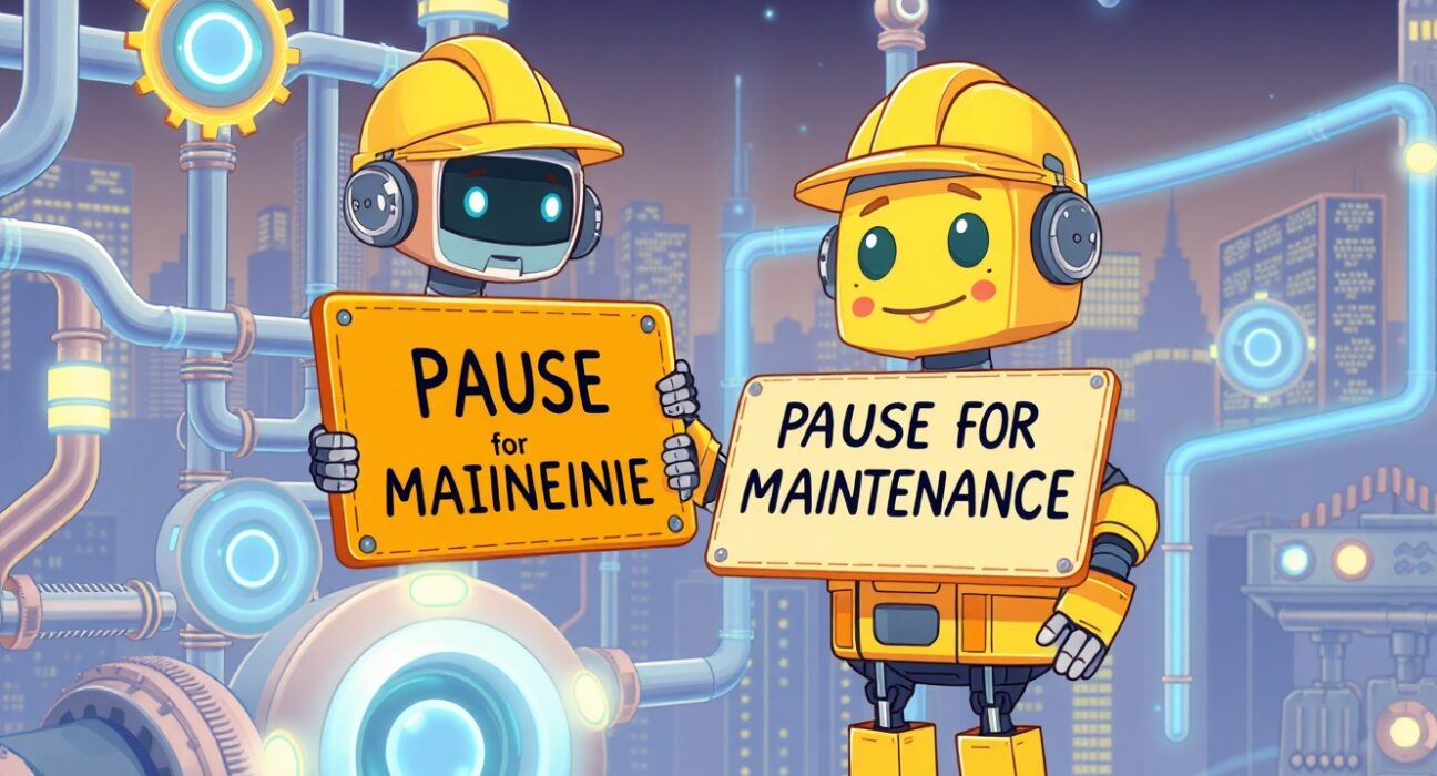 A cartoon robot pausing a glowing Ethereum network for the Bithumb ETH suspension during maintenance.