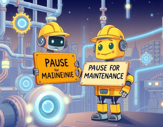 A cartoon robot pausing a glowing Ethereum network for the Bithumb ETH suspension during maintenance.
