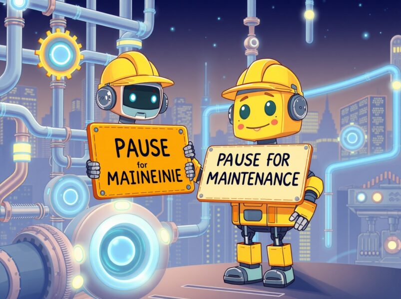 A cartoon robot pausing a glowing Ethereum network for the Bithumb ETH suspension during maintenance.