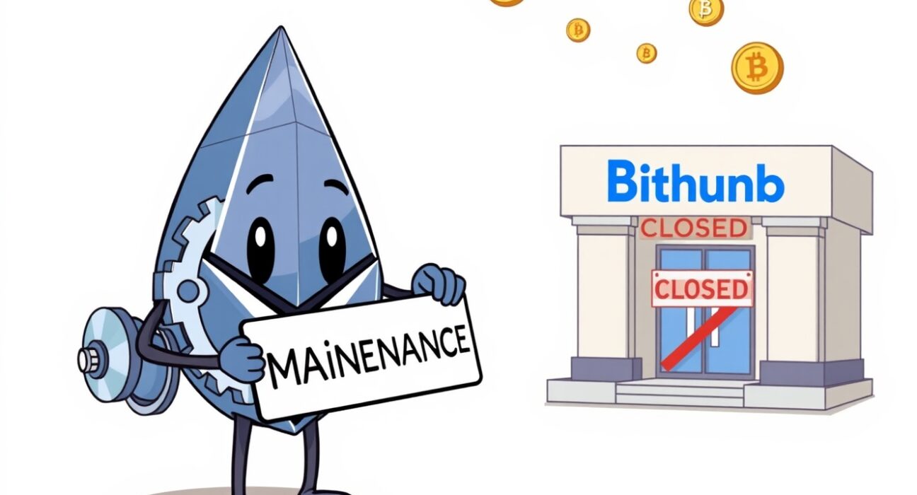 A cartoon illustrating the temporary Bithumb Ethereum suspension for network maintenance.