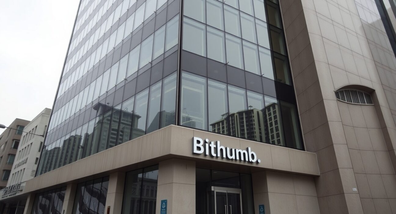 Exterior of a modern office building in Seoul, South Korea, associated with the Bithumb cryptocurrency exchange.