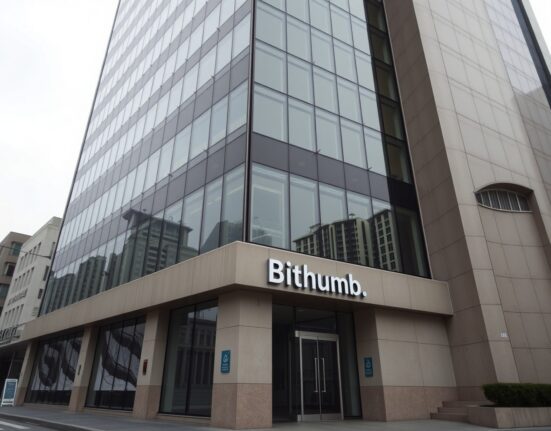 Exterior of a modern office building in Seoul, South Korea, associated with the Bithumb cryptocurrency exchange.