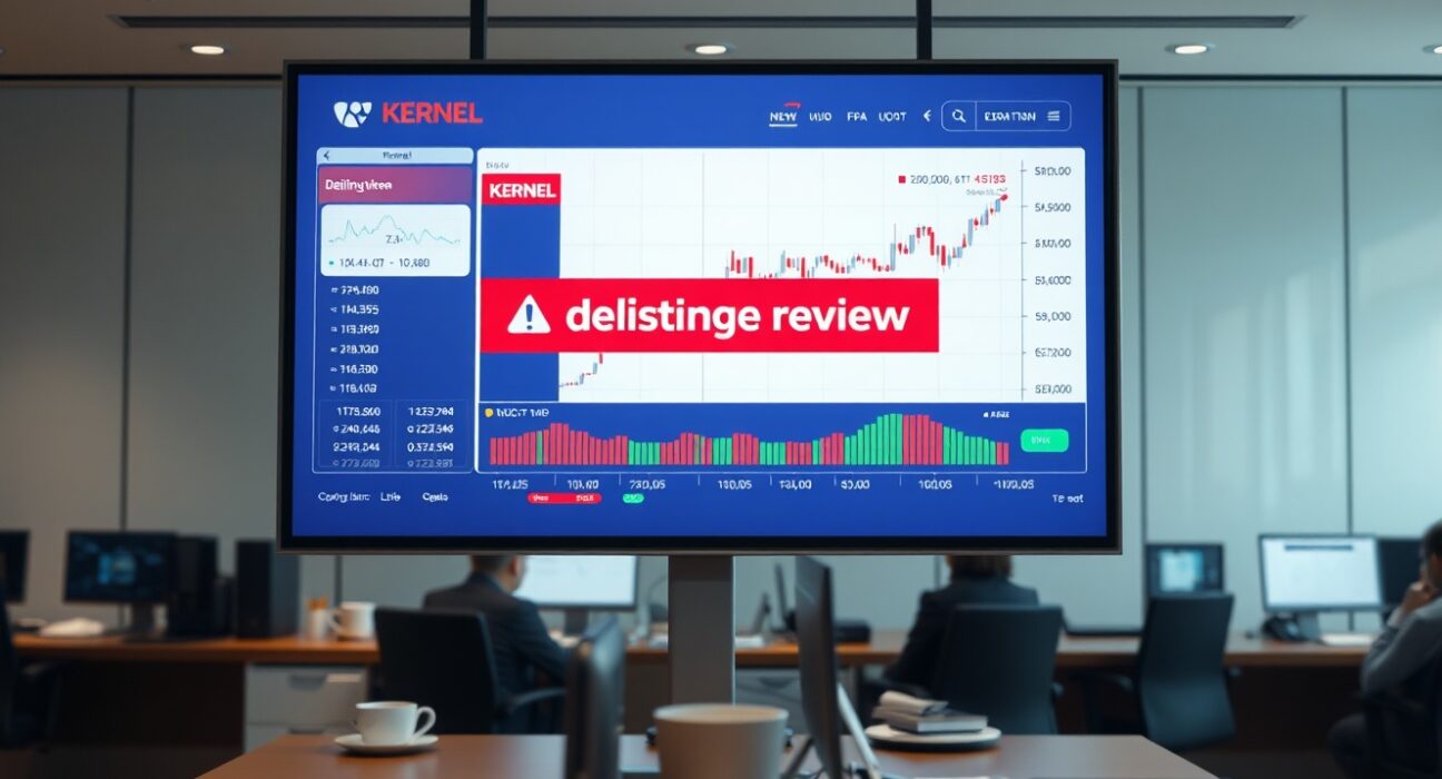 Bithumb exchange trading screen showing KERNEL token delisting review warning