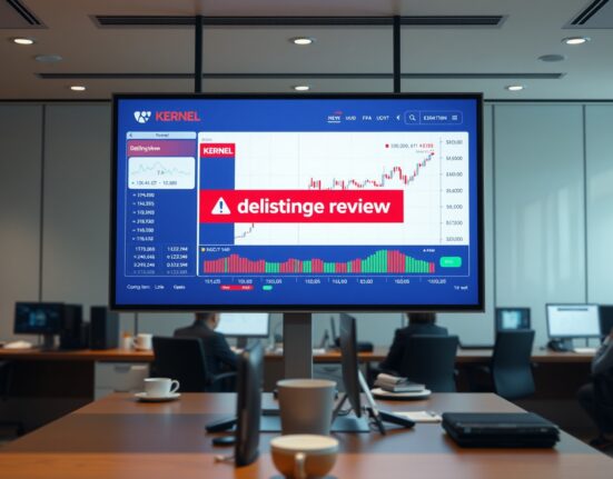 Bithumb exchange trading screen showing KERNEL token delisting review warning