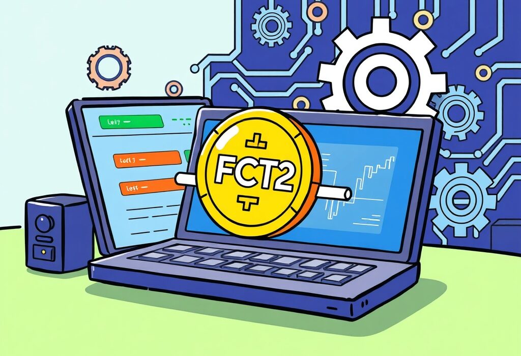Cartoon illustration showing a temporary Bithumb FCT2 suspension for a vital blockchain upgrade, ensuring smooth token operations.