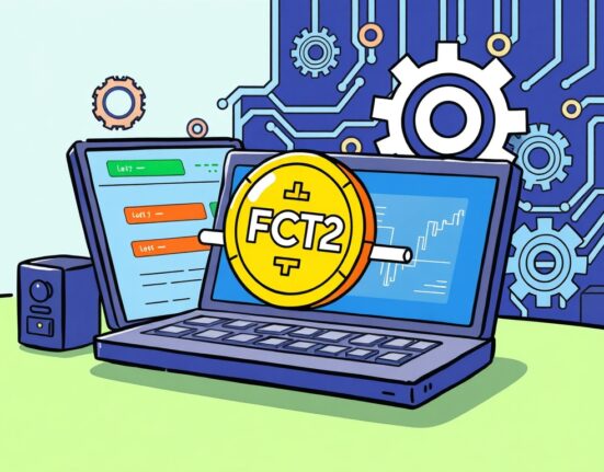 Cartoon illustration showing a temporary Bithumb FCT2 suspension for a vital blockchain upgrade, ensuring smooth token operations.