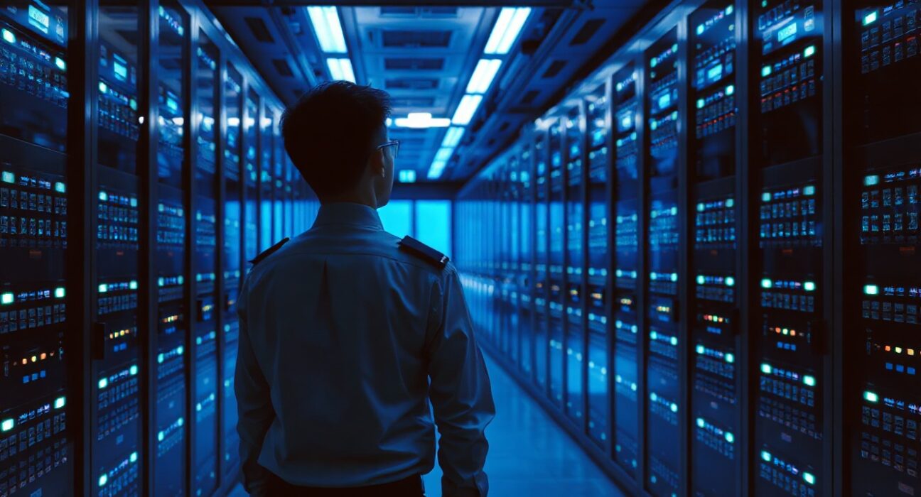 A technician inspecting server racks in a dimly lit data center, representing a cryptocurrency exchange's data handling and privacy concerns.
