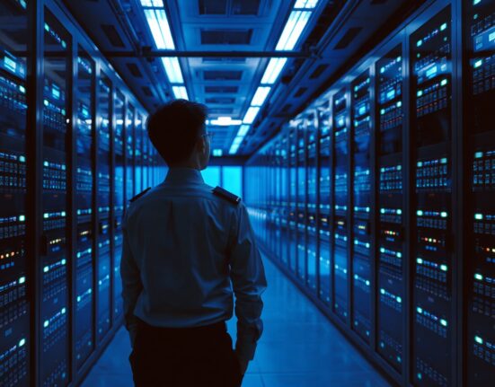 A technician inspecting server racks in a dimly lit data center, representing a cryptocurrency exchange's data handling and privacy concerns.