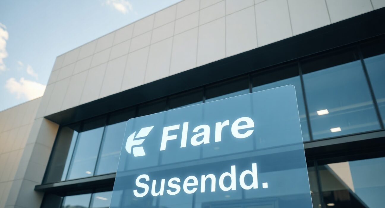 Modern cryptocurrency exchange building with Flare (FLR) suspension notice displayed digitally