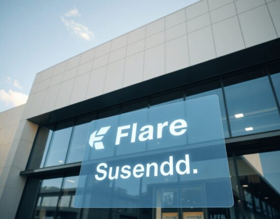 Modern cryptocurrency exchange building with Flare (FLR) suspension notice displayed digitally
