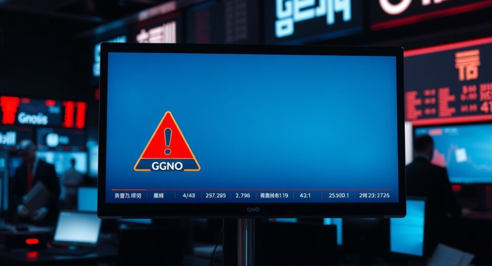 Bithumb exchange monitor displaying a red warning alert for Gnosis (GNO) token delisting