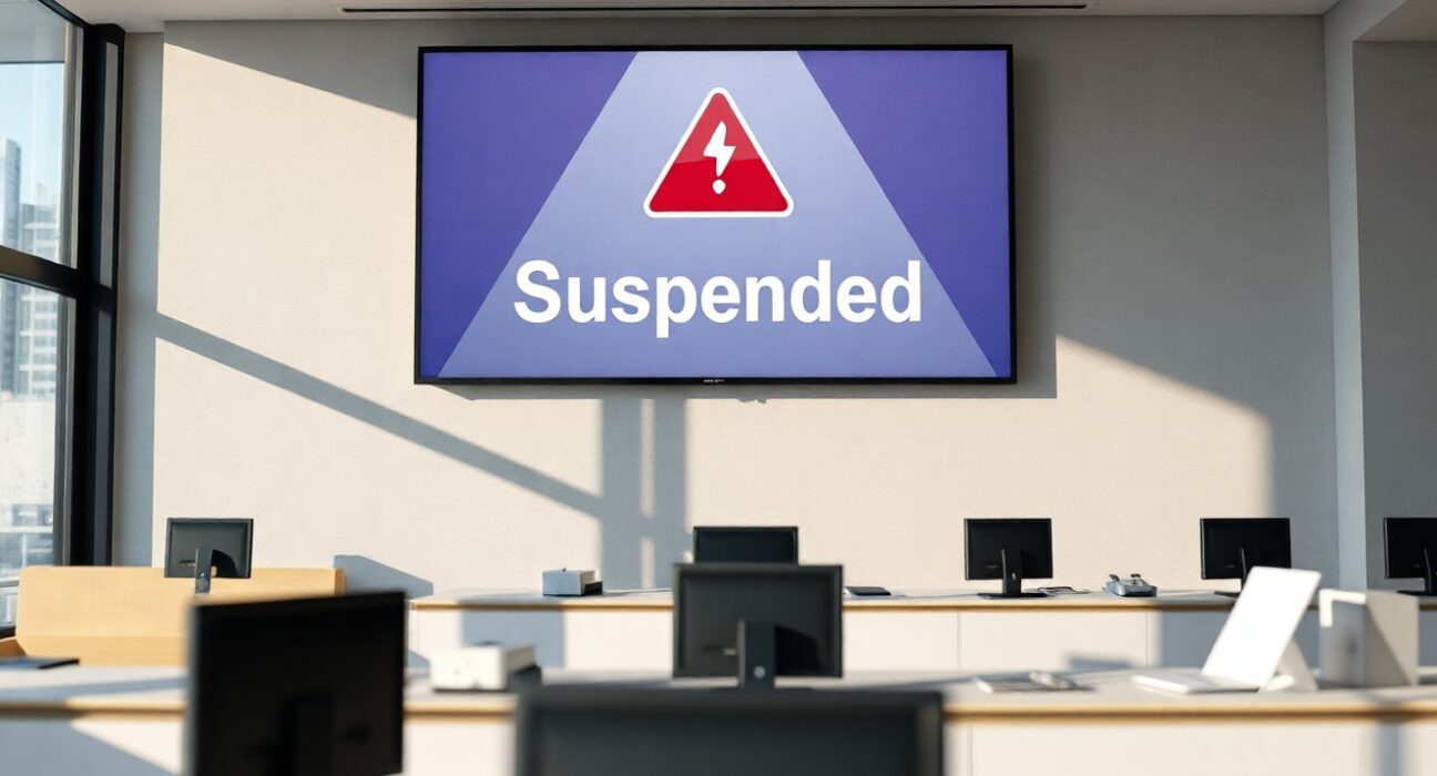 Digital screen in a Seoul office displaying MAPO suspension warning at Bithumb exchange