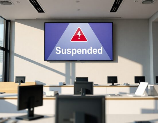 Digital screen in a Seoul office displaying MAPO suspension warning at Bithumb exchange