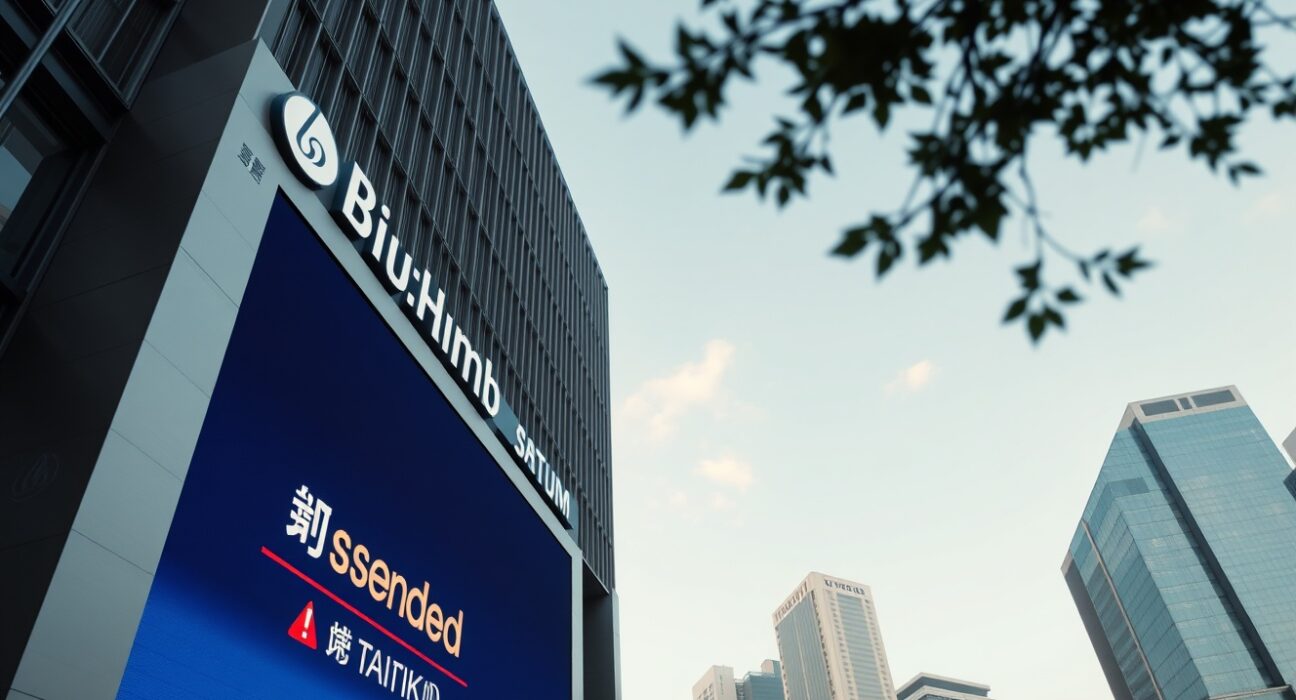 Bithumb exchange building in Seoul with a digital display showing a TAIKO suspension notice