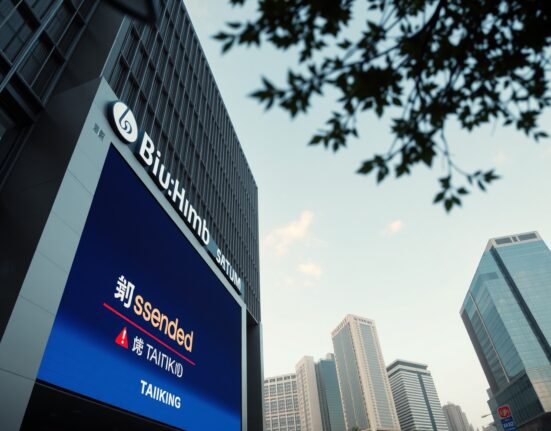 Bithumb exchange building in Seoul with a digital display showing a TAIKO suspension notice