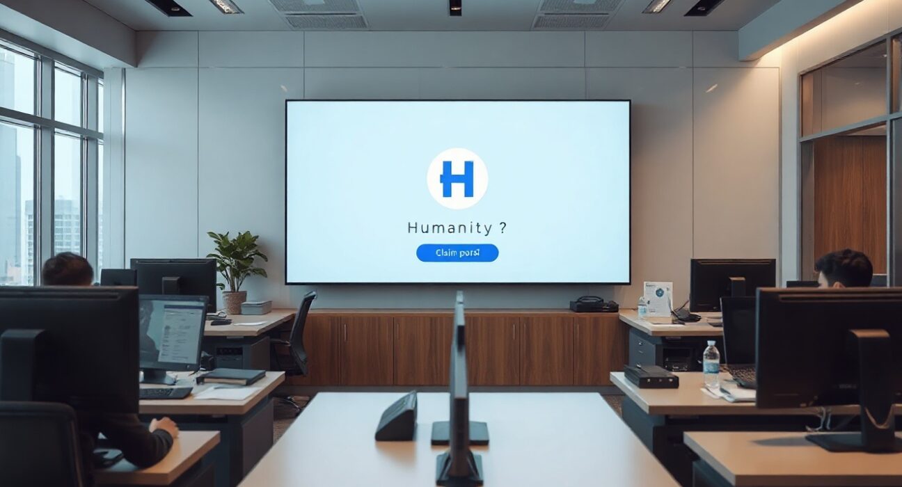 Bithumb exchange office with Humanity (H) claim portal on screen