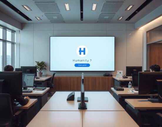 Bithumb exchange office with Humanity (H) claim portal on screen