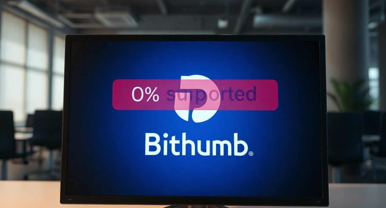 Bithumb exchange logo on screen with warning overlay about H token swap