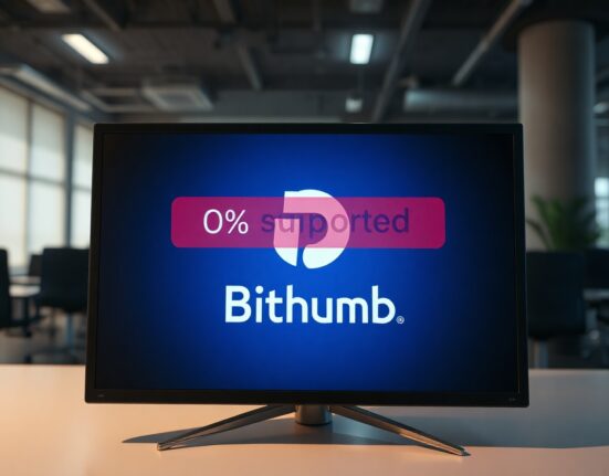 Bithumb exchange logo on screen with warning overlay about H token swap