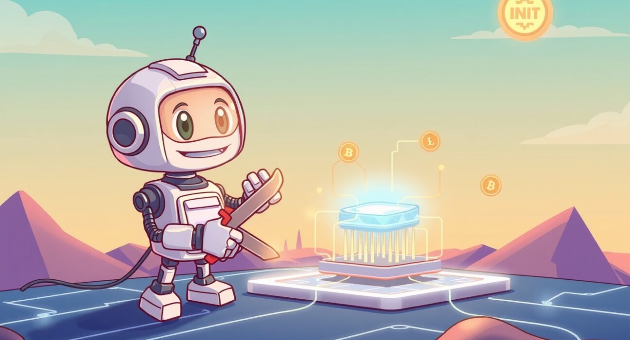 A cartoon robot performing a network upgrade on the Bithumb INIT cryptocurrency system.