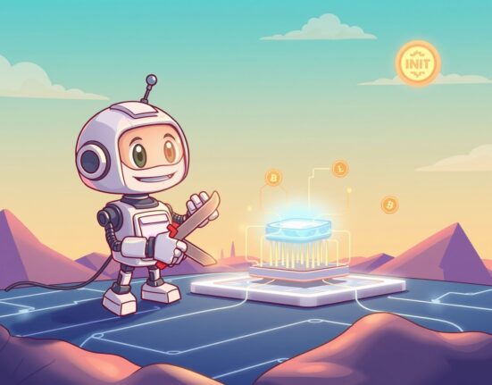 A cartoon robot performing a network upgrade on the Bithumb INIT cryptocurrency system.