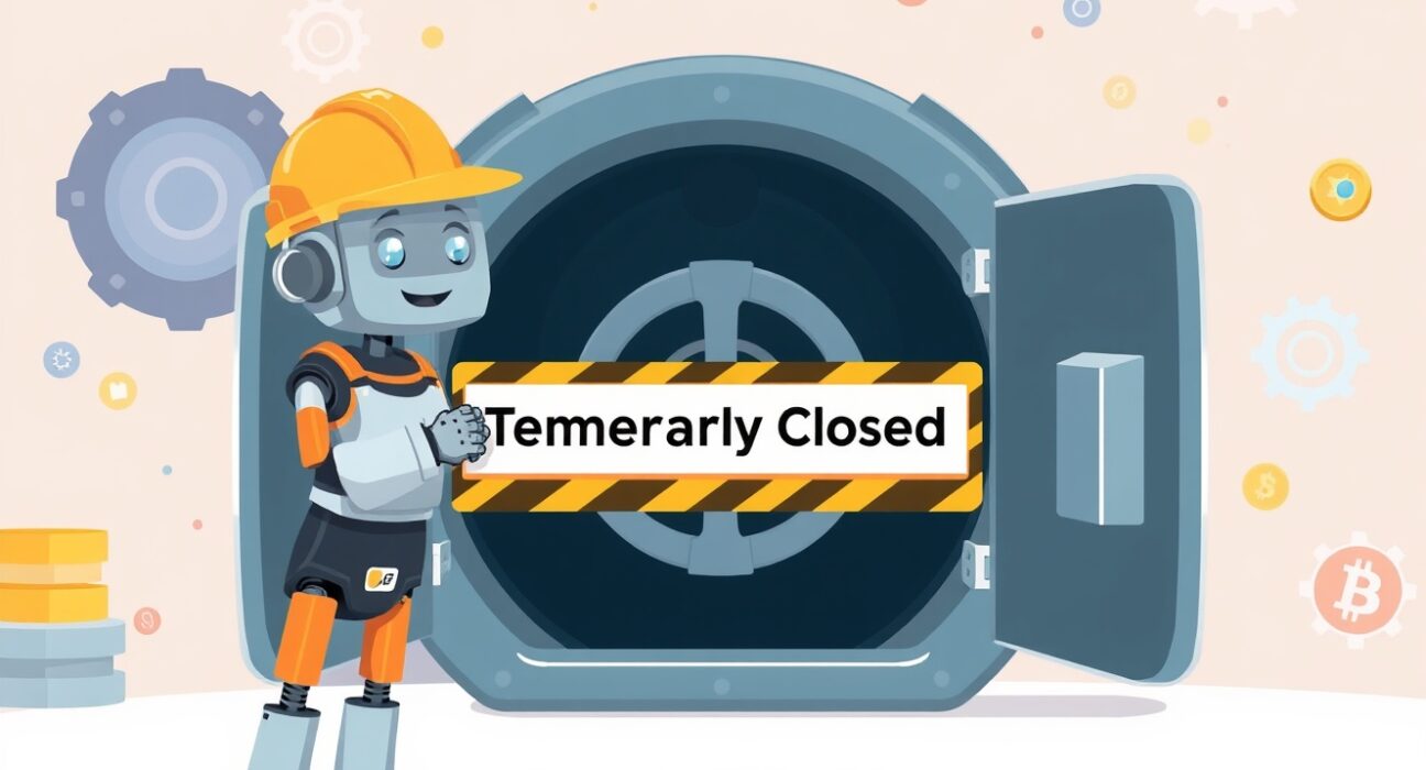 Cartoon illustration of Bithumb temporarily suspending INJ transactions for a network upgrade.