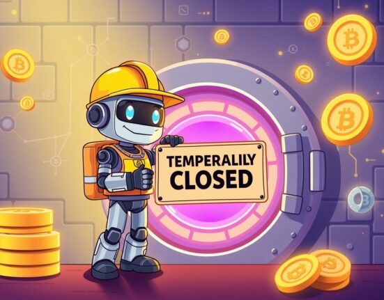 Cartoon illustration of a crypto vault under temporary maintenance for the Bithumb INJ suspension.