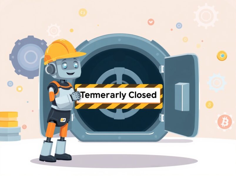 Cartoon illustration of a crypto vault under temporary maintenance for the Bithumb INJ suspension.