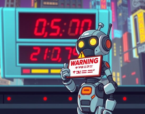 A cartoon robot issuing a critical Bithumb investment warning about cryptocurrency risks.
