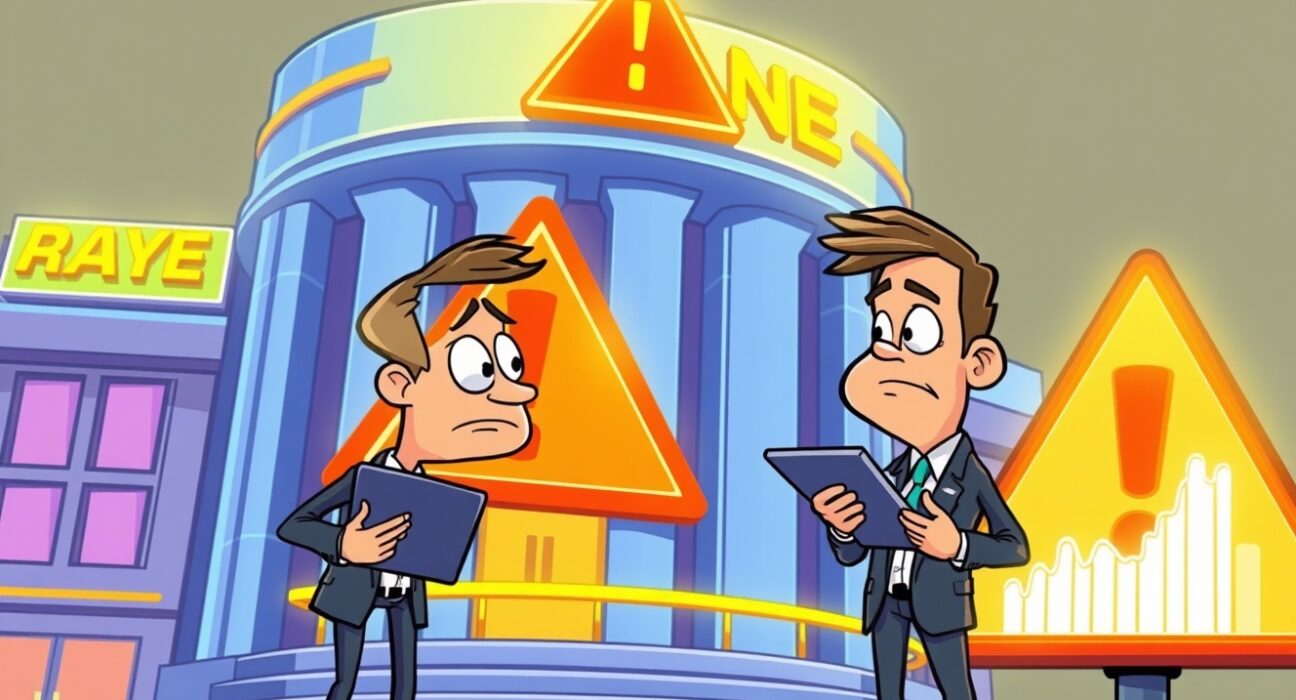 Cartoon investor concerned by a Bithumb investment warning sign in front of a crypto exchange.
