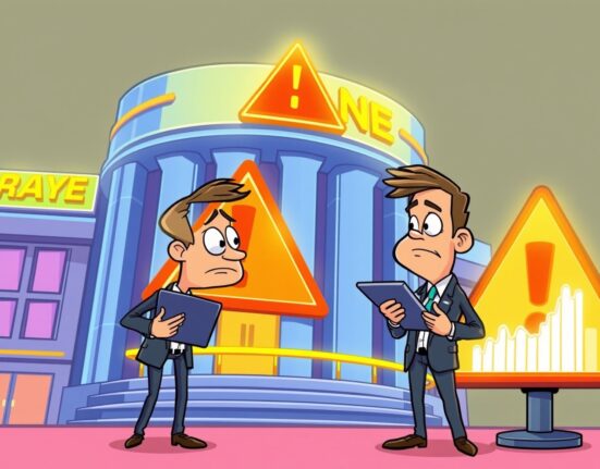 Cartoon investor concerned by a Bithumb investment warning sign in front of a crypto exchange.