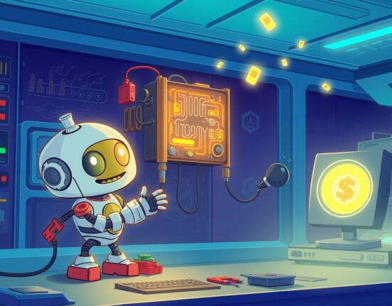 A cartoon robot performing a network upgrade on a glowing Story token node, illustrating Bithumb's temporary suspension of IP deposits and withdrawals.