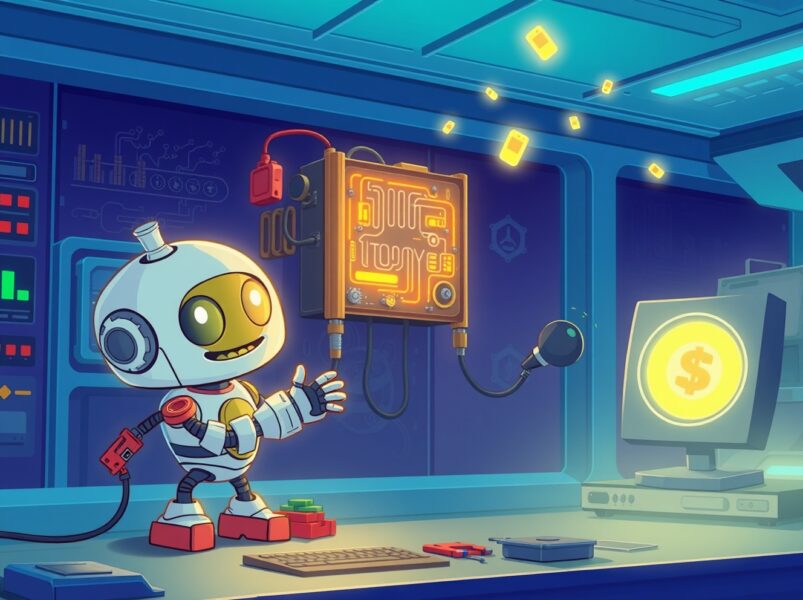 A cartoon robot performing a network upgrade on a glowing Story token node, illustrating Bithumb's temporary suspension of IP deposits and withdrawals.