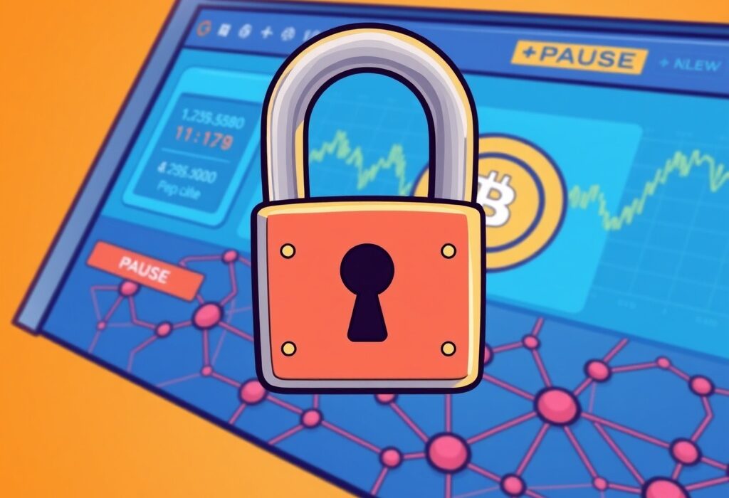 Cartoon showing a temporary Bithumb IP suspension for a crucial network upgrade, ensuring system stability and security.