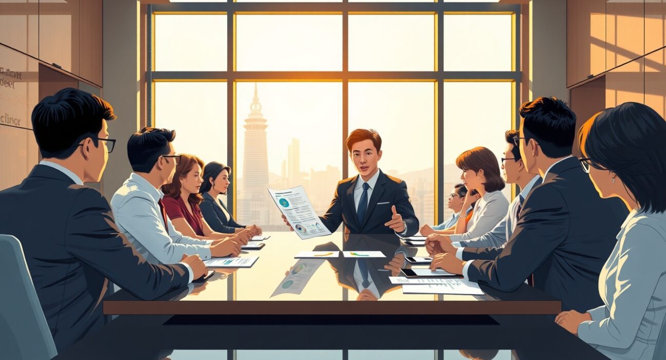 Bithumb executives discuss IPO delay and corporate strategy in a Seoul boardroom meeting.