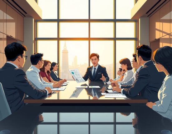 Bithumb executives discuss IPO delay and corporate strategy in a Seoul boardroom meeting.