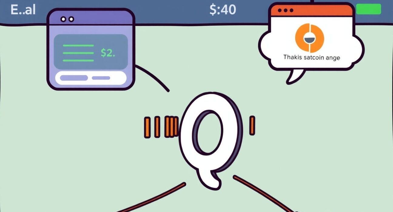 A cartoon illustration showing a temporary Bithumb IQ suspension for a network transition, emphasizing digital data flow.