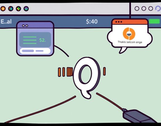 A cartoon illustration showing a temporary Bithumb IQ suspension for a network transition, emphasizing digital data flow.