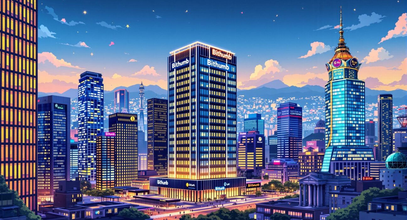 Cartoon illustration showing a prominent Bithumb building among other large corporations, symbolizing its designation as a South Korean large business corporation.