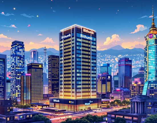 Cartoon illustration showing a prominent Bithumb building among other large corporations, symbolizing its designation as a South Korean large business corporation.
