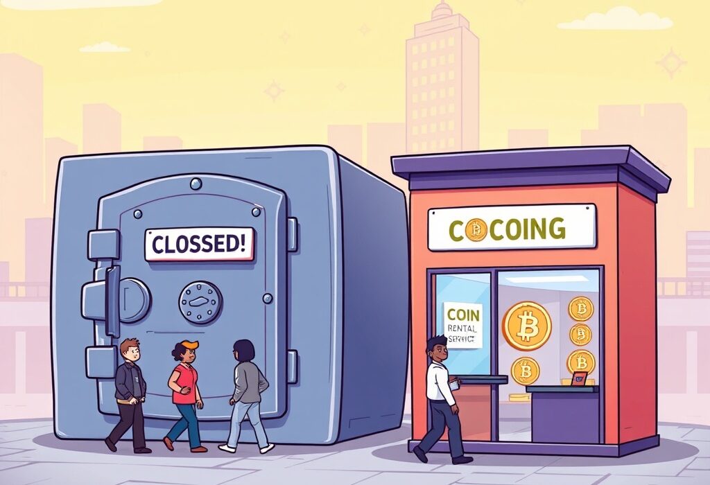 Cartoon showing Bithumb discontinuing its lending services and shifting to a new coin rental model for stability.