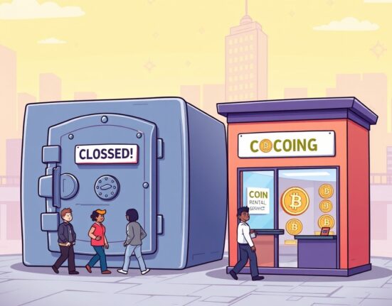 Cartoon showing Bithumb discontinuing its lending services and shifting to a new coin rental model for stability.