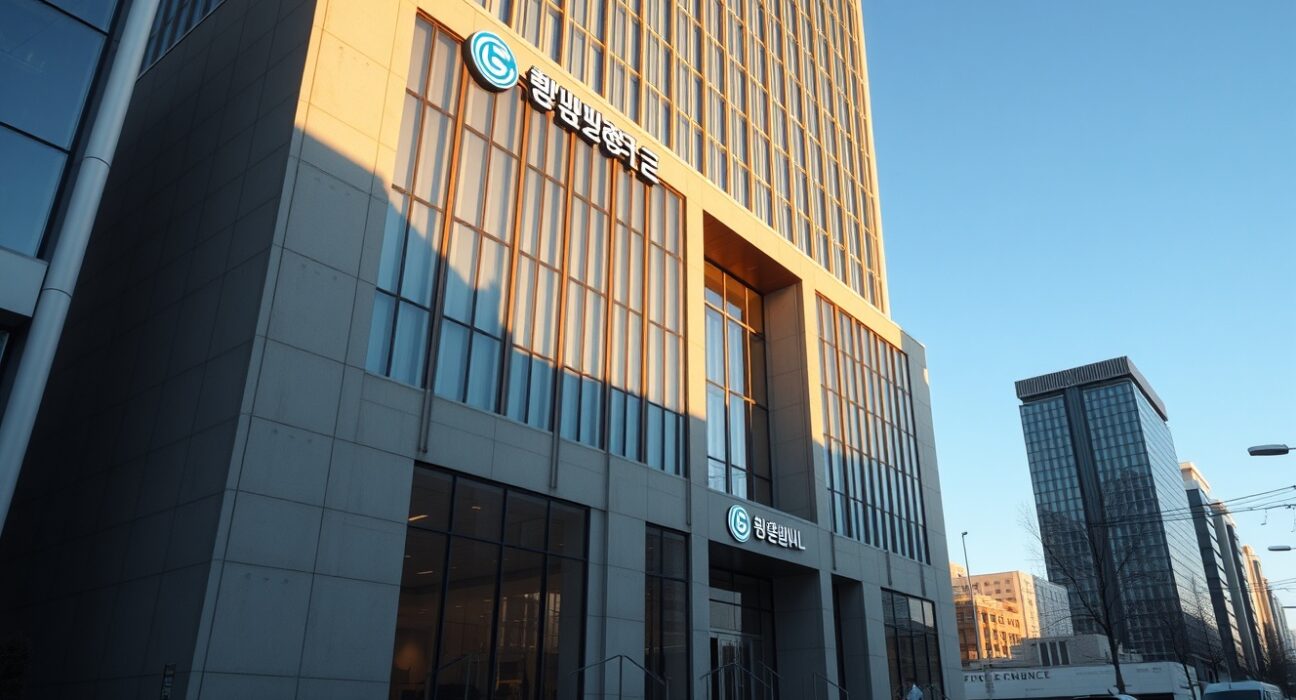 Exterior of a modern financial building in Seoul representing Bithumb exchange